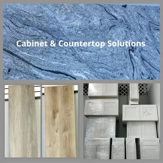 Blue-gray stone slab, two wood-look flooring planks and wrapped white shaker cabinets under the Cabinet & Countertop Solutions name